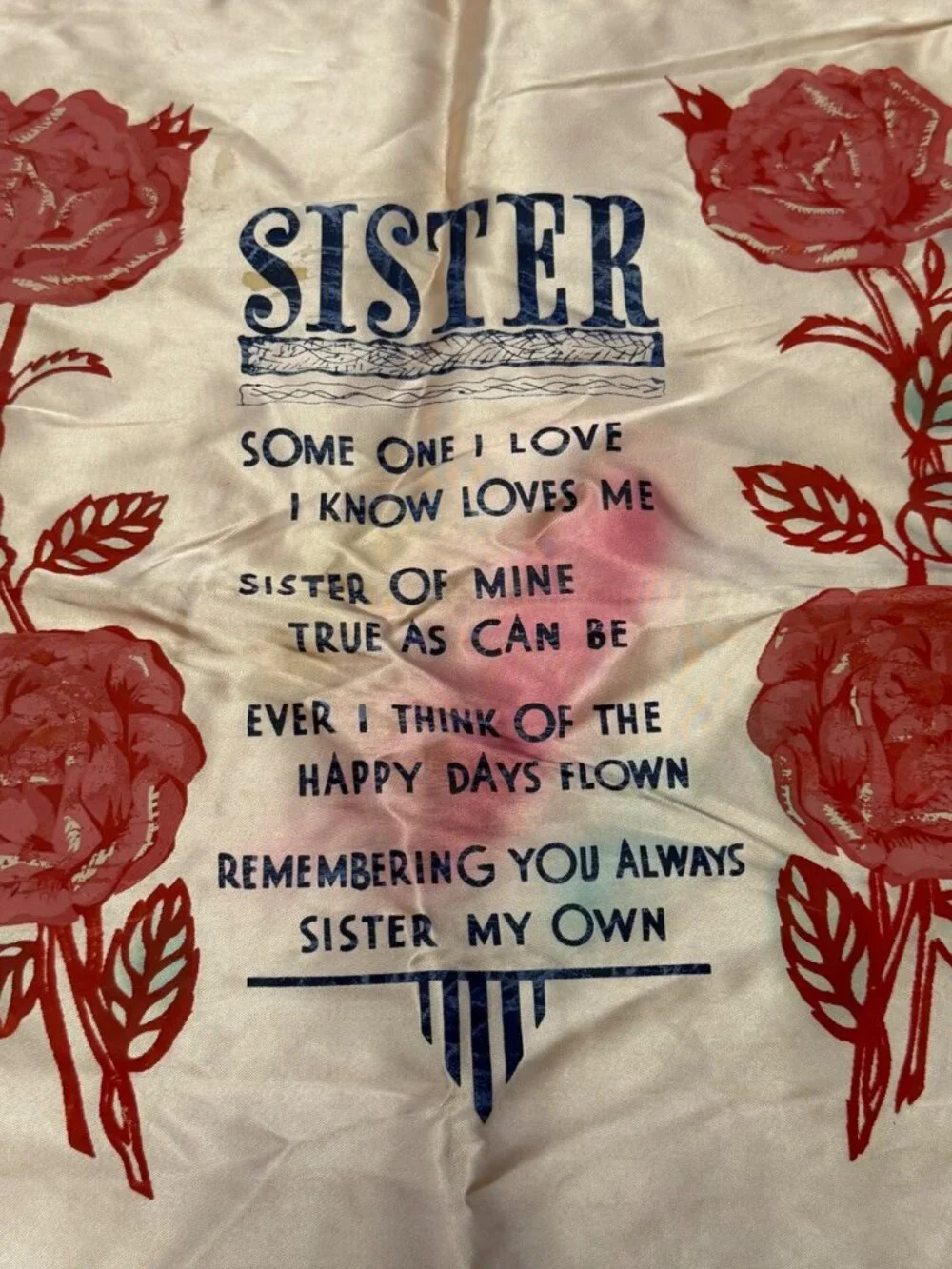 Vintage Pink Champagne Satin Sister Poem Pillow Cover Fringed Roses 16